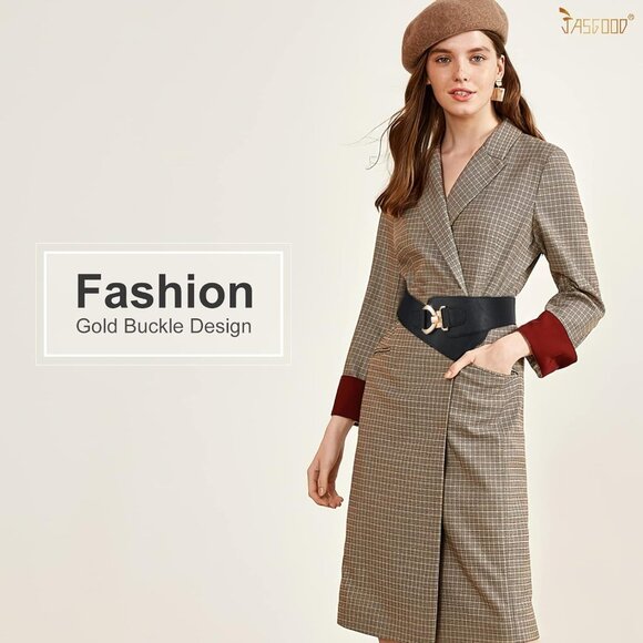 Women's Wide Elastic Stretch Waist Belt Adjustable Dress Belt Matte Black Gold - Picture 2 of 7